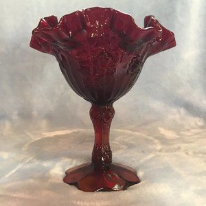 Vintage Ruby Red Rose Ruffled Floral Candy Bowl/Compote Bowl by Fenton